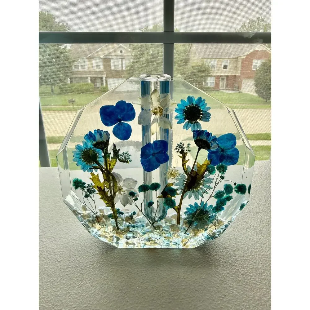 Forever Bloom Blue Meadow Bud Vase Real Pressed Flowers in Crystal Clear Resin